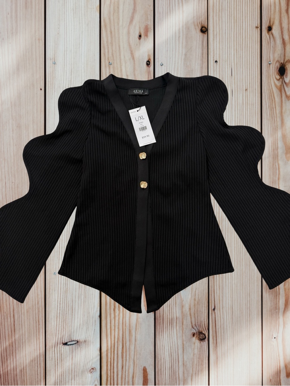 NWT AKIRA Black Wavy Structured Sleeve Ribbed Cardigan L/XL Statement Sweater - Picture 12 of 13